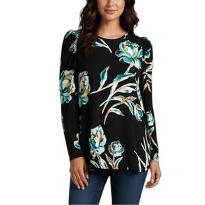 Chico's 1 Sz Medium Black Bold Floral Women's Puff Sleeve Long Sleeve Knit Top